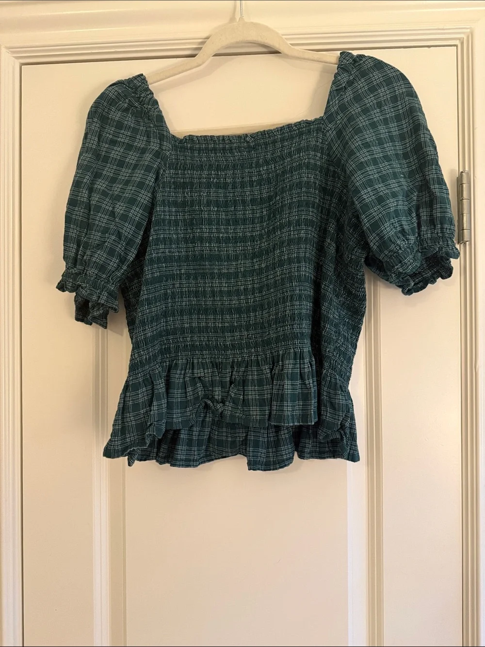 J. Crew Teal Plaid Smocked Puff Sleeve Top